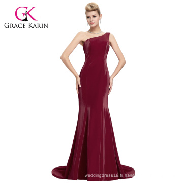 Grace Karin Robe de soirée Une épaule Longueur au sol Rouge Satin élégant Abendkleid GK000078-1